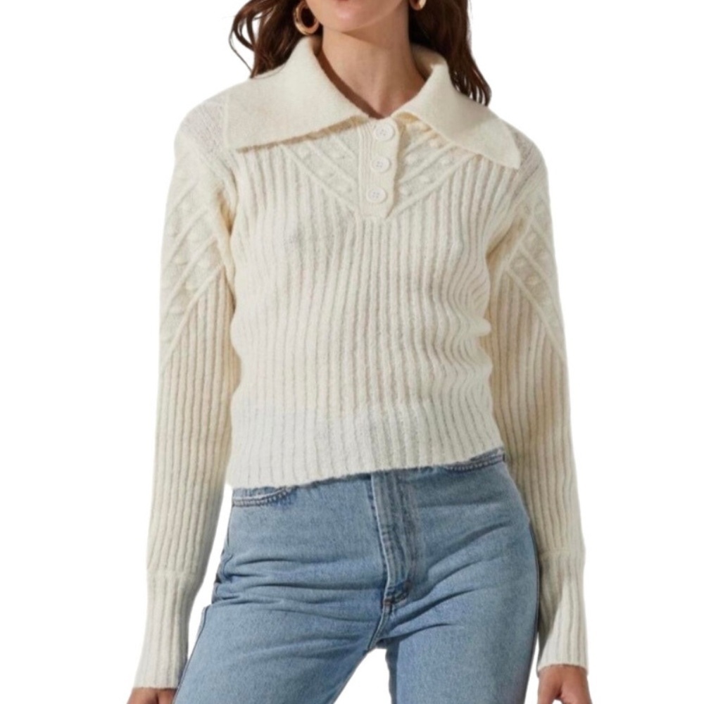 ASTR the Label Cream Wool Blend Academia Chunky Knit Collared Sweater Size M